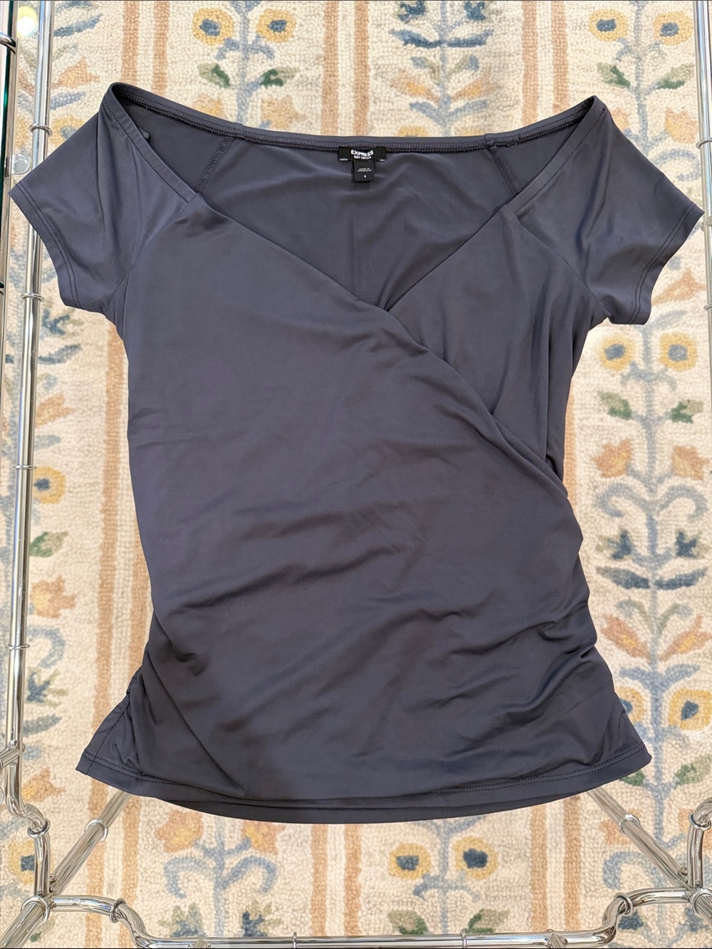 Express Charcoal Gray Short Sleeve Faux-Wrap Top